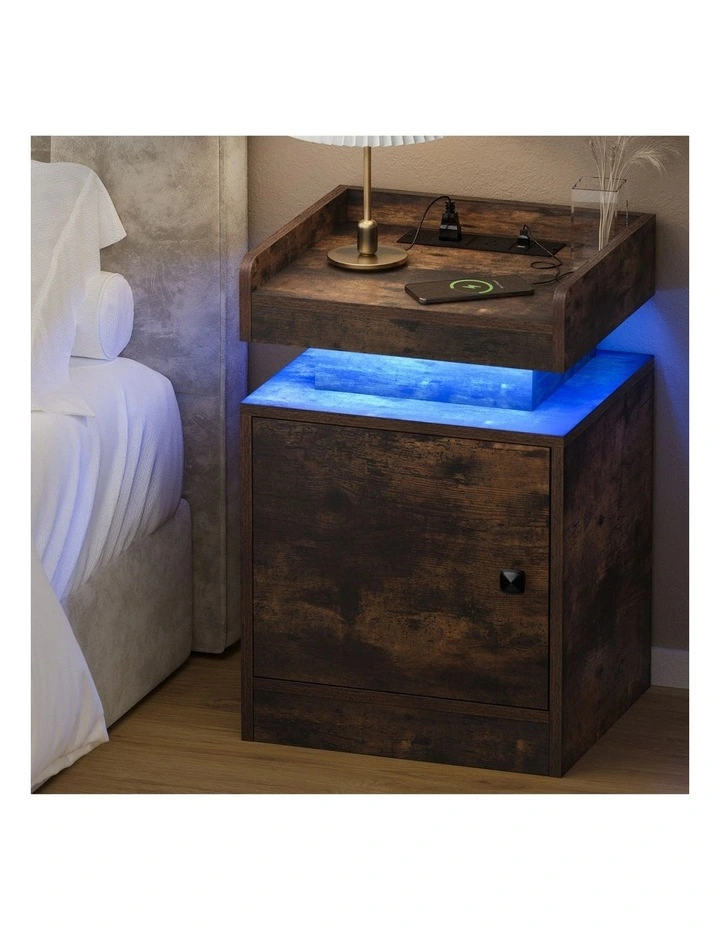 Oikiture Bedside Table LED Nightstand USB Charging Station Brown image 4