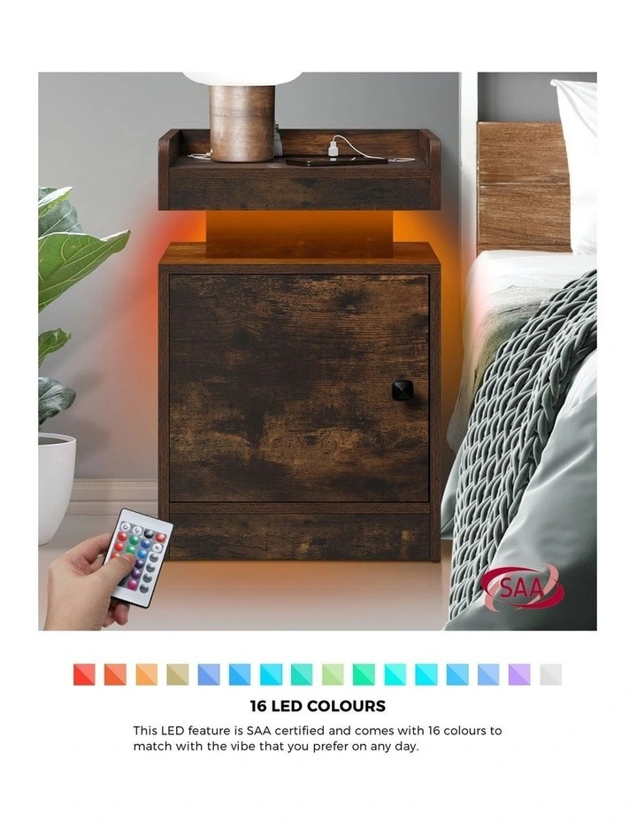 Oikiture Bedside Table LED Nightstand USB Charging Station Brown image 5