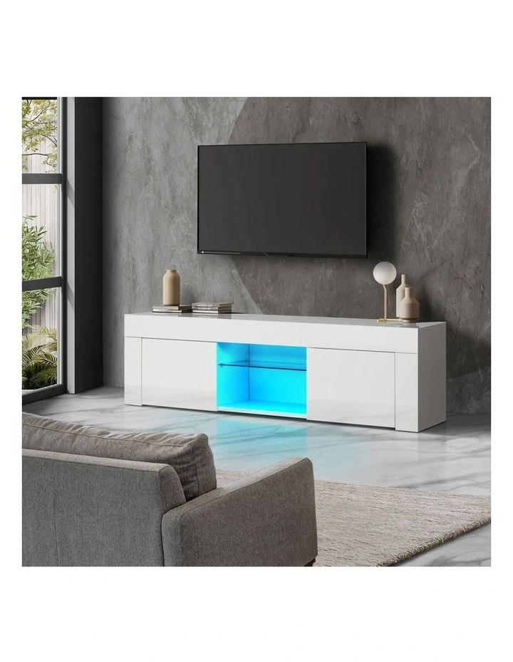 Oikiture TV Cabinet Entertainment Unit Stand RGB LED Hight Gloss 130cm White image 4
