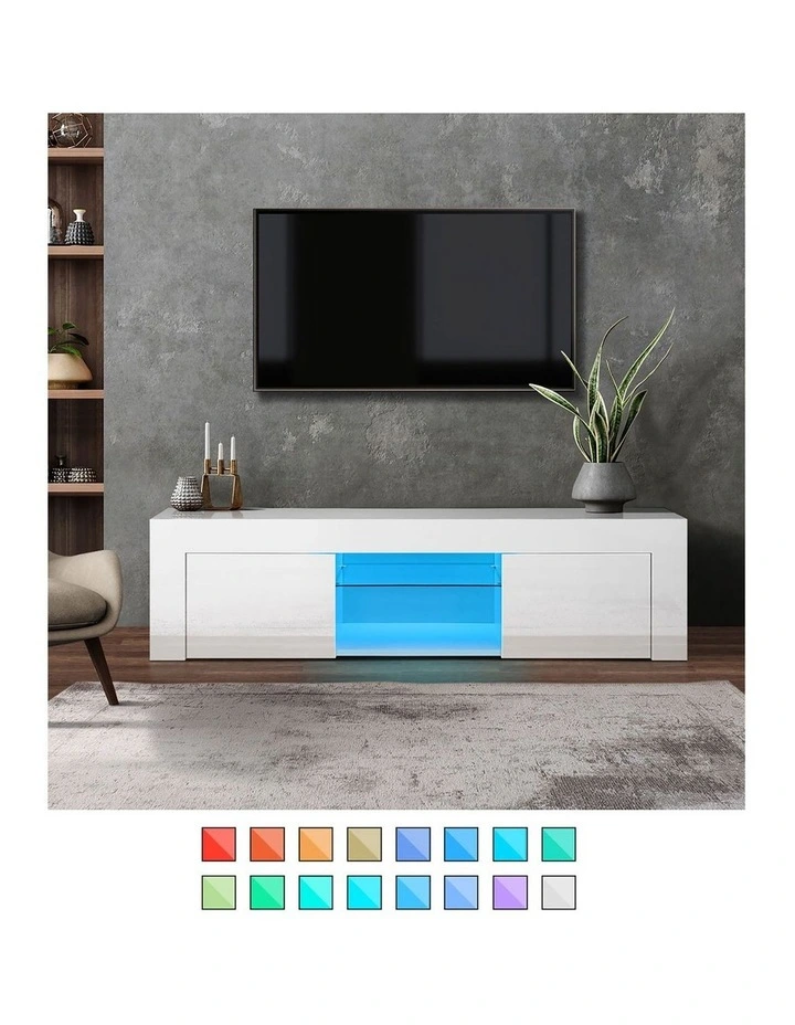 Oikiture TV Cabinet Entertainment Unit Stand RGB LED Hight Gloss 130cm White image 5