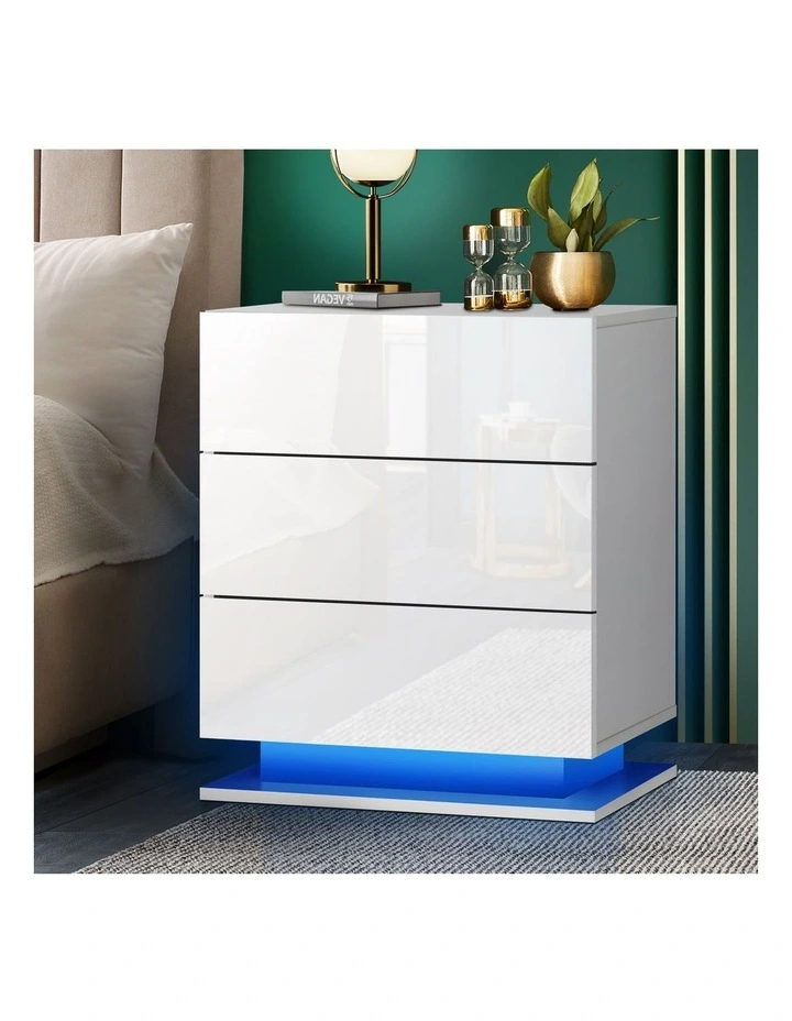 Oikiture Bedside Table RGB LED Nightstand 3 Drawers White image 2