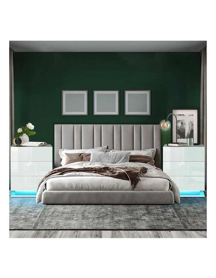 Oikiture Bedside Table RGB LED Nightstand 3 Drawers White image 7