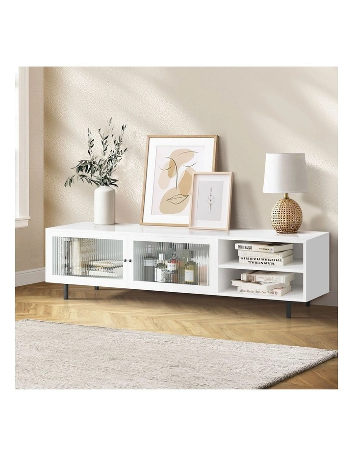 Oikiture Entertainment Unit TV Cabinet Tempered-glass Doors White image 4