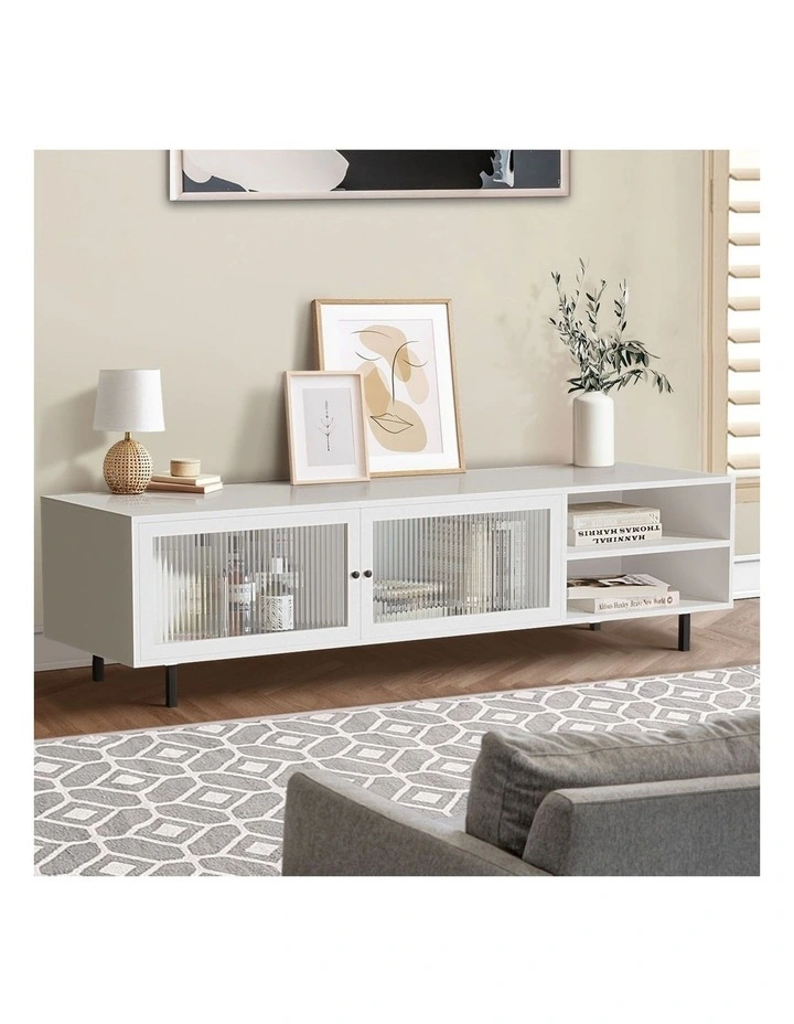 Oikiture Entertainment Unit TV Cabinet Tempered-glass Doors White image 5