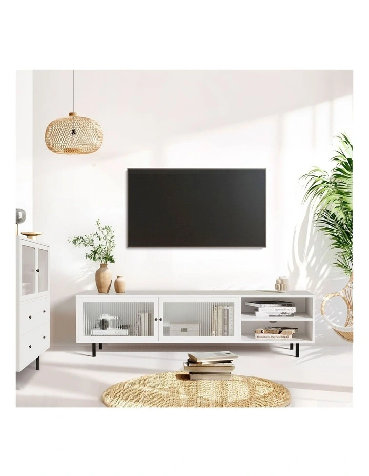 Oikiture Entertainment Unit TV Cabinet Tempered-glass Doors White image 7