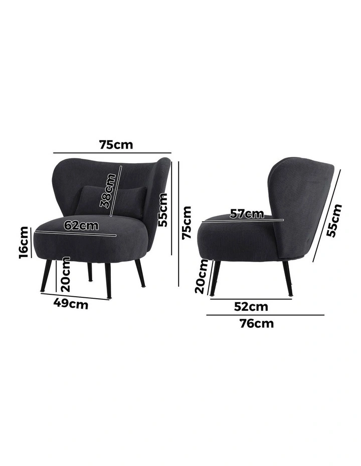 Oikiture Armchair Lounge Chair with Lumbar Pillow Wingback Velvet Charcoal image 3