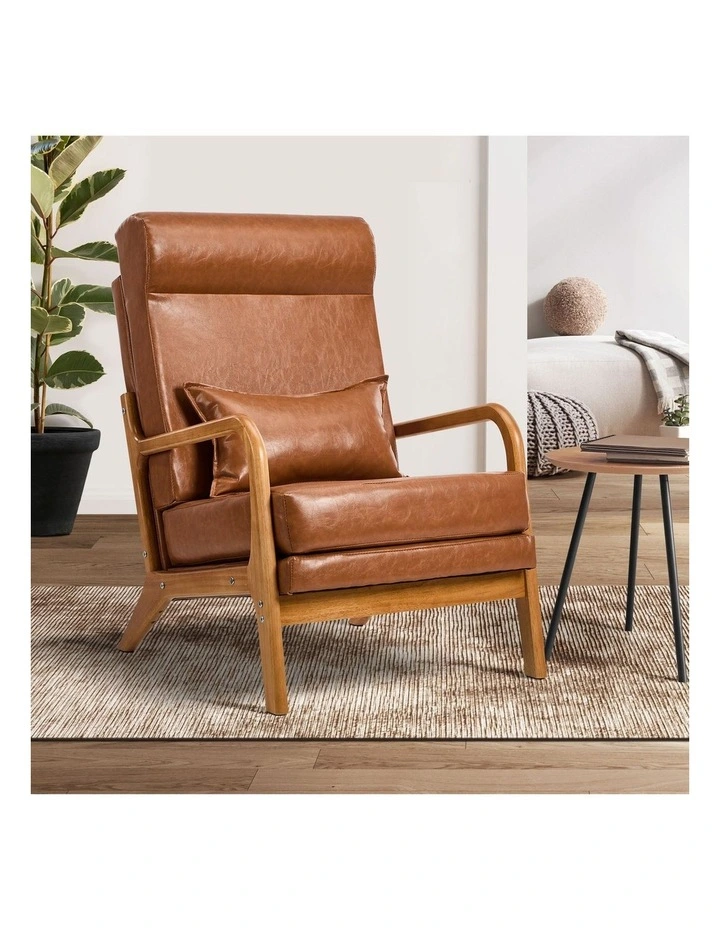 Oikiture Armchair PU Leather Lounge Chair with Lumbar Pillow Brown image 4
