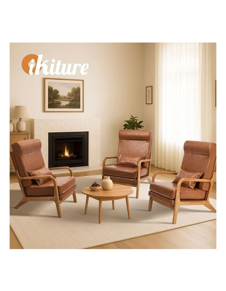 Oikiture Armchair PU Leather Lounge Chair with Lumbar Pillow Brown image 7