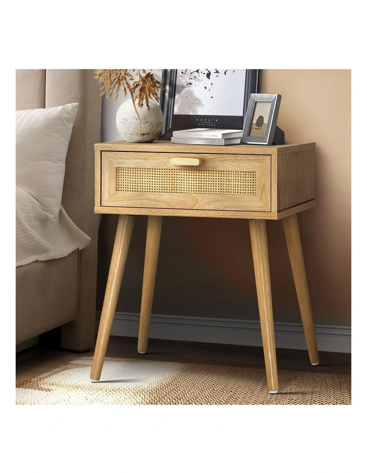 Oikiture Bedside Table Drawer Nightstand Rattan Natural image 2