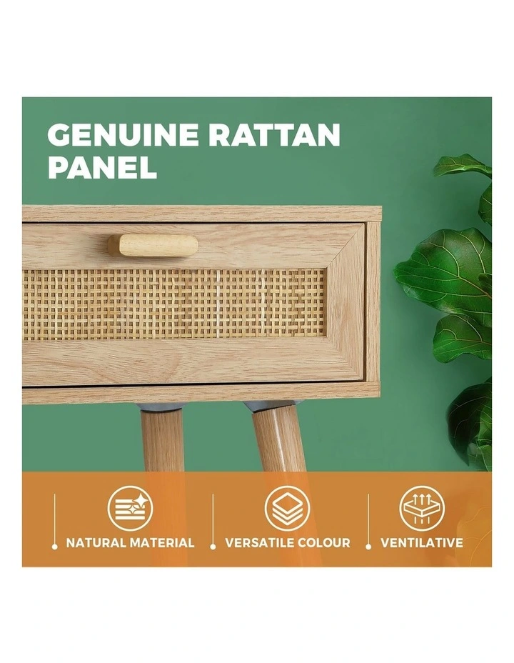 Oikiture Bedside Table Drawer Nightstand Rattan Natural image 6