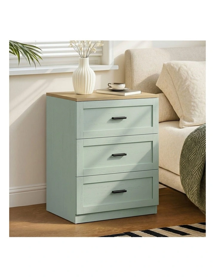 Oikiture Bedside Table 3 Drawers Nightstand End Table Green and Natural image 4