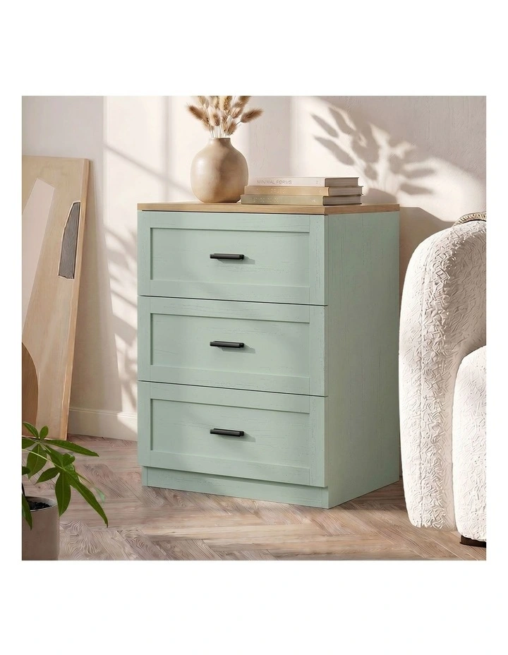 Oikiture Bedside Table 3 Drawers Nightstand End Table Green and Natural image 5