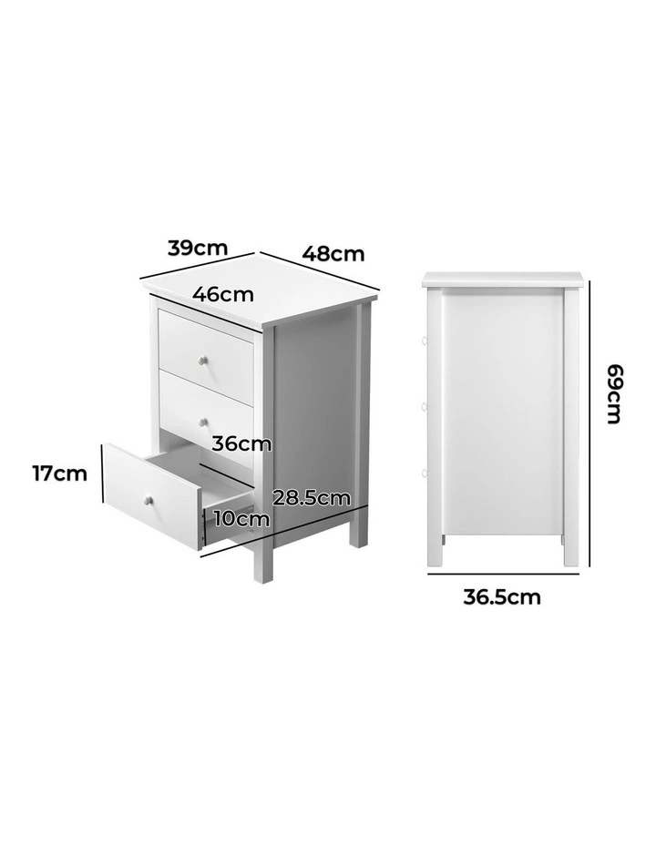 Oikiture Bedside Table 3 Drawers Storage Cabinet White image 3
