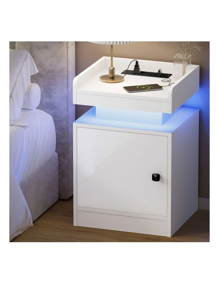 Oikiture Bedside Table LED Nightstand USB Charging Station White image 4