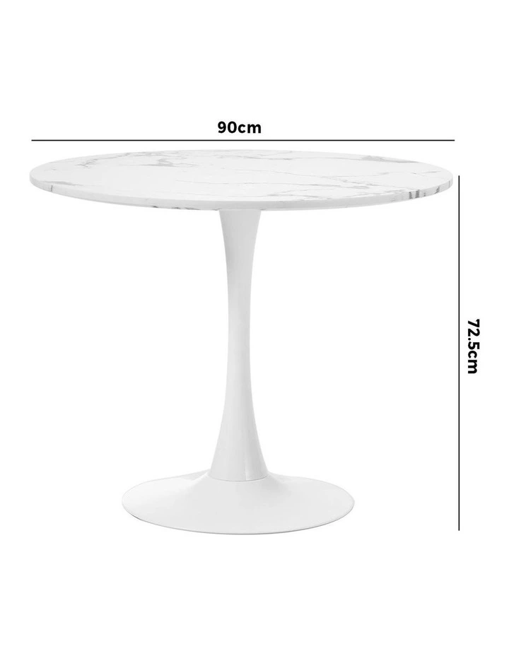 Oikiture 90cm Dining Table Kitchen Marble Tulip Round Metal Leg White image 3