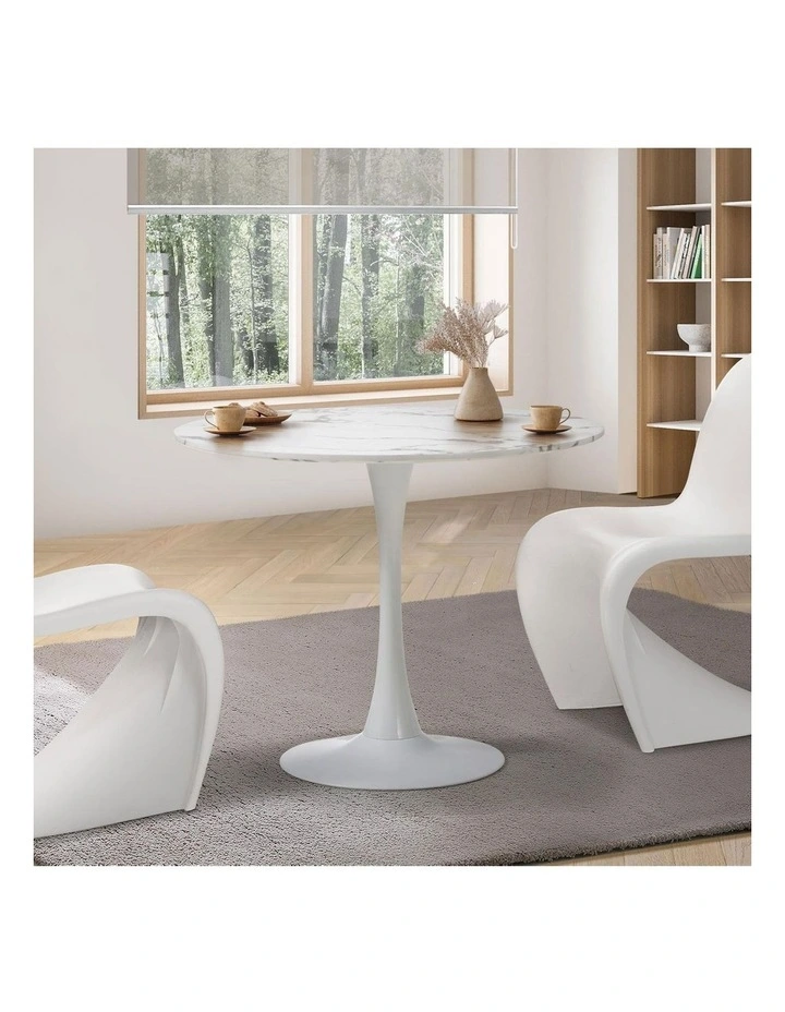 Oikiture 90cm Dining Table Kitchen Marble Tulip Round Metal Leg White image 4