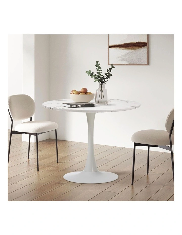Oikiture 90cm Dining Table Kitchen Marble Tulip Round Metal Leg White image 5