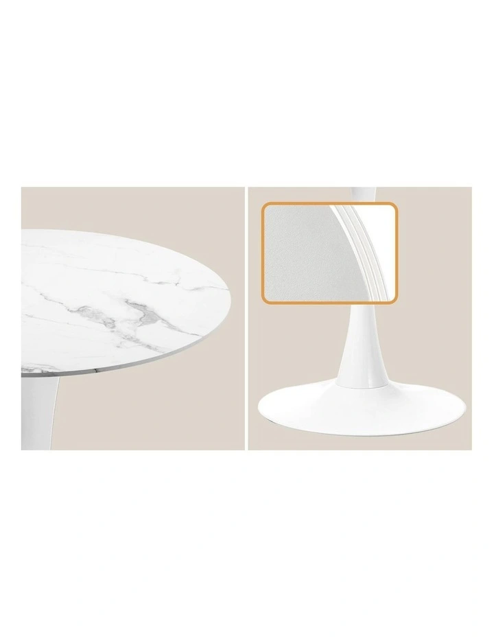 Oikiture 90cm Dining Table Kitchen Marble Tulip Round Metal Leg White image 6