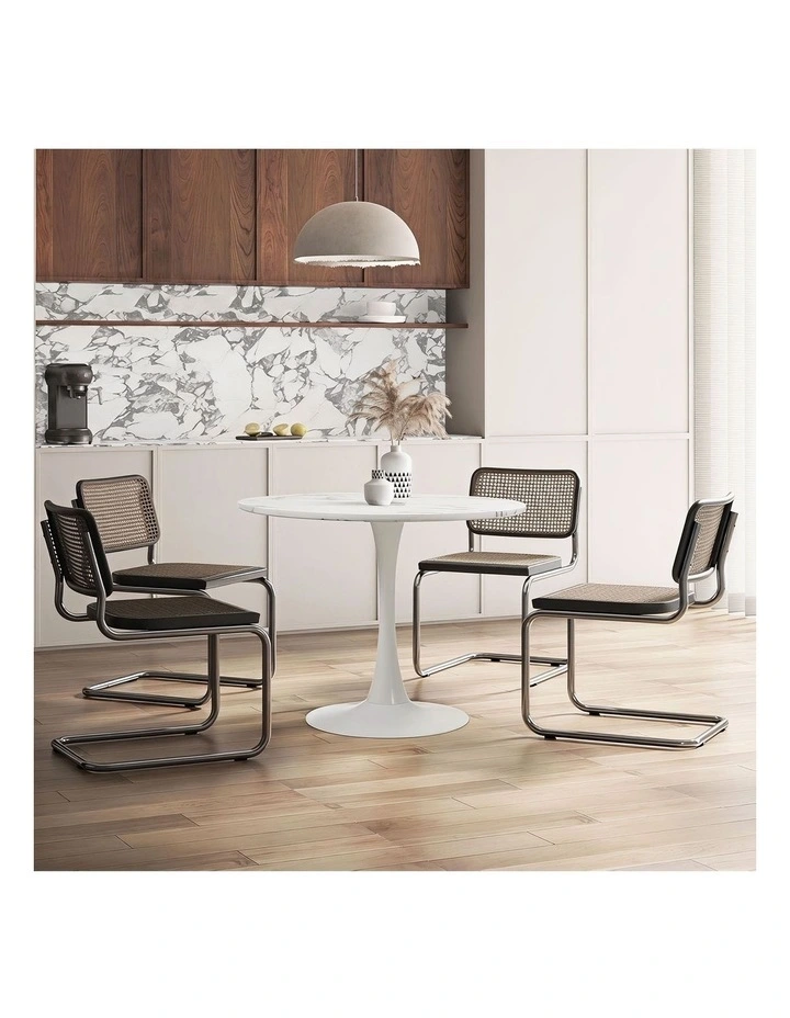 Oikiture 90cm Dining Table Kitchen Marble Tulip Round Metal Leg White image 7