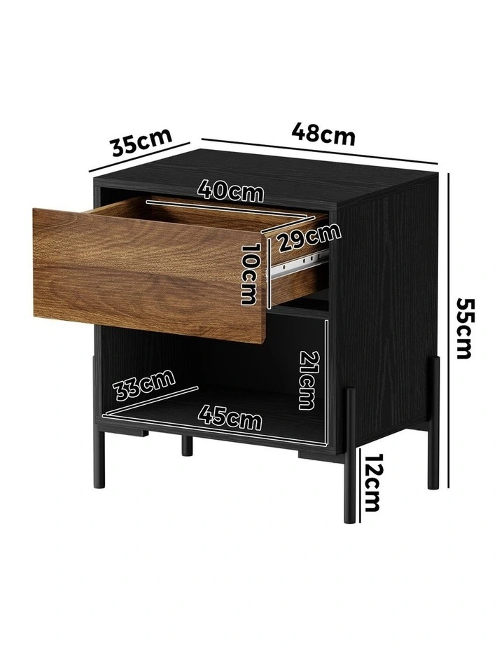 Oikiture Bedside Table Nightstand Open Shelf Walnut and Black image 3