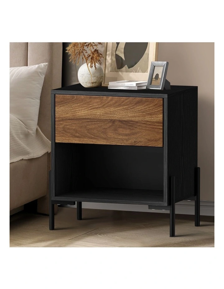 Oikiture Bedside Table Nightstand Open Shelf Walnut and Black image 4