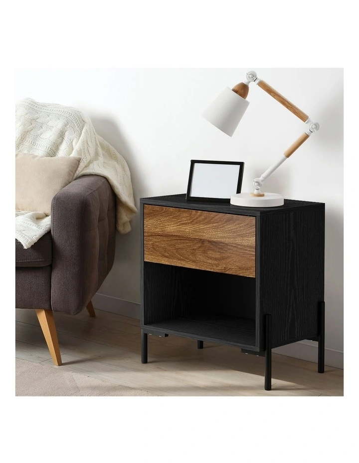 Oikiture Bedside Table Nightstand Open Shelf Walnut and Black image 5