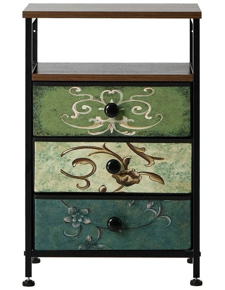 Oikiture Bedside Table Fabric Nightstand 3 Drawers Retro End Table image 2