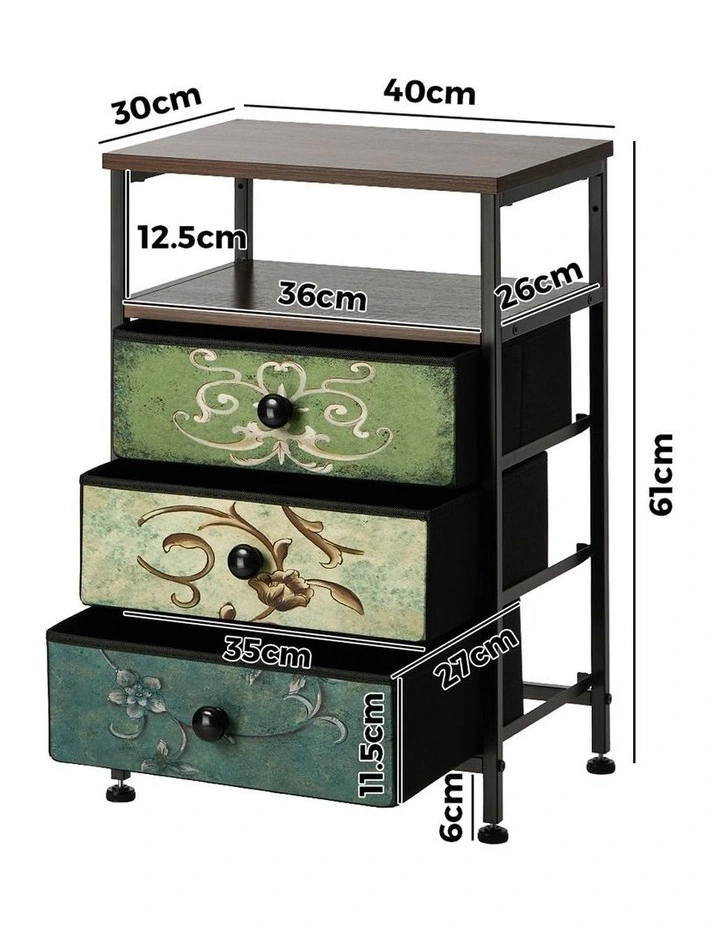 Oikiture Bedside Table Fabric Nightstand 3 Drawers Retro End Table image 3