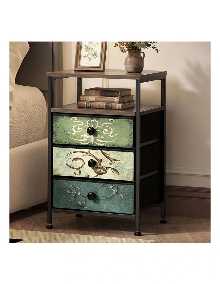 Oikiture Bedside Table Fabric Nightstand 3 Drawers Retro End Table image 4