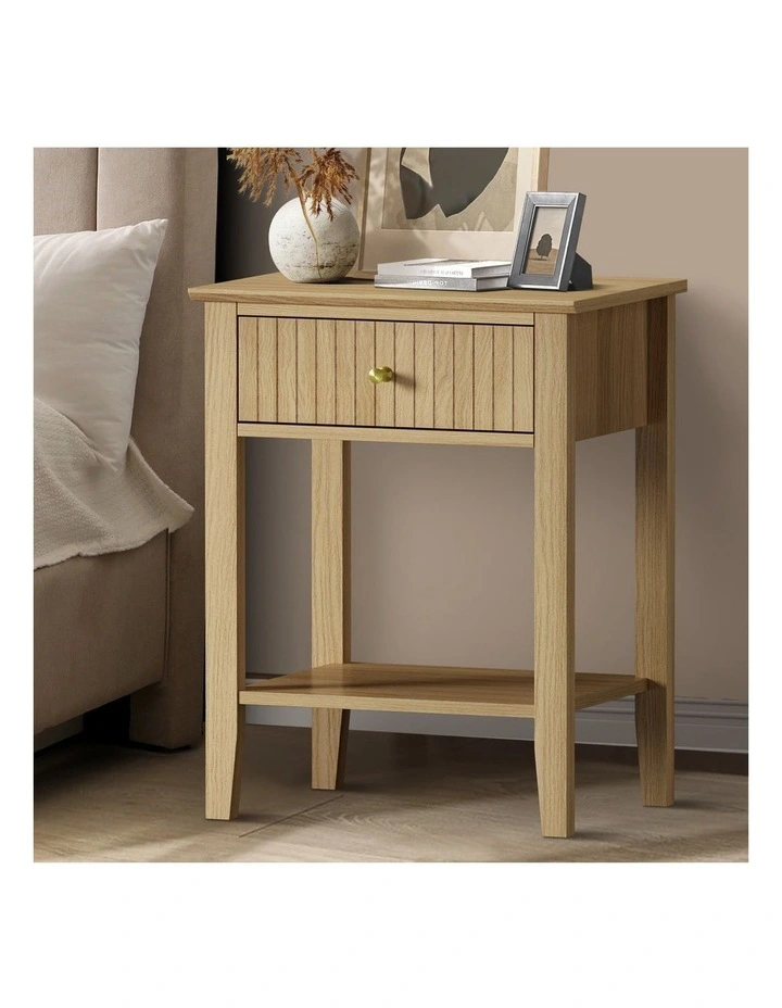 Oikiture Bedside Table with Drawer Open Shelf Nightstand Natural image 4