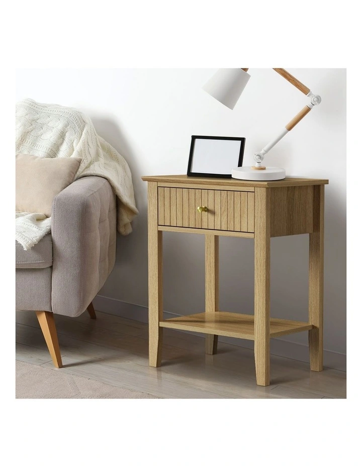 Oikiture Bedside Table with Drawer Open Shelf Nightstand Natural image 5