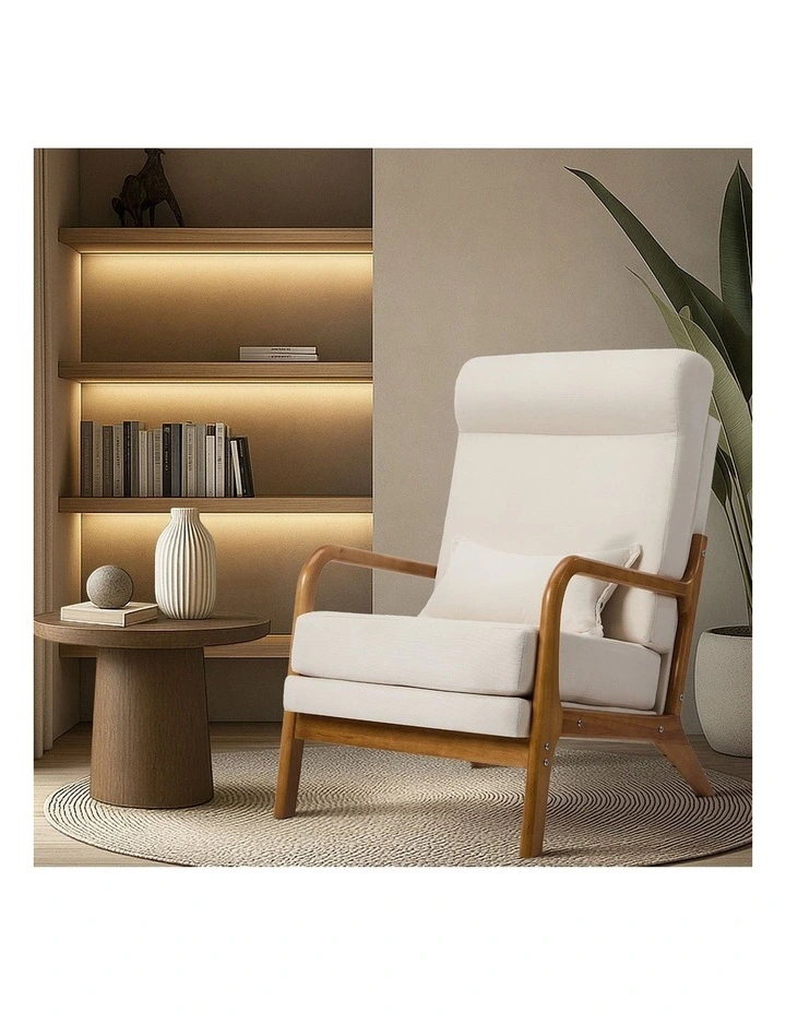 Oikiture Armchair Linen Fabric Lounge Chair with Lumbar Pillow Beige image 5