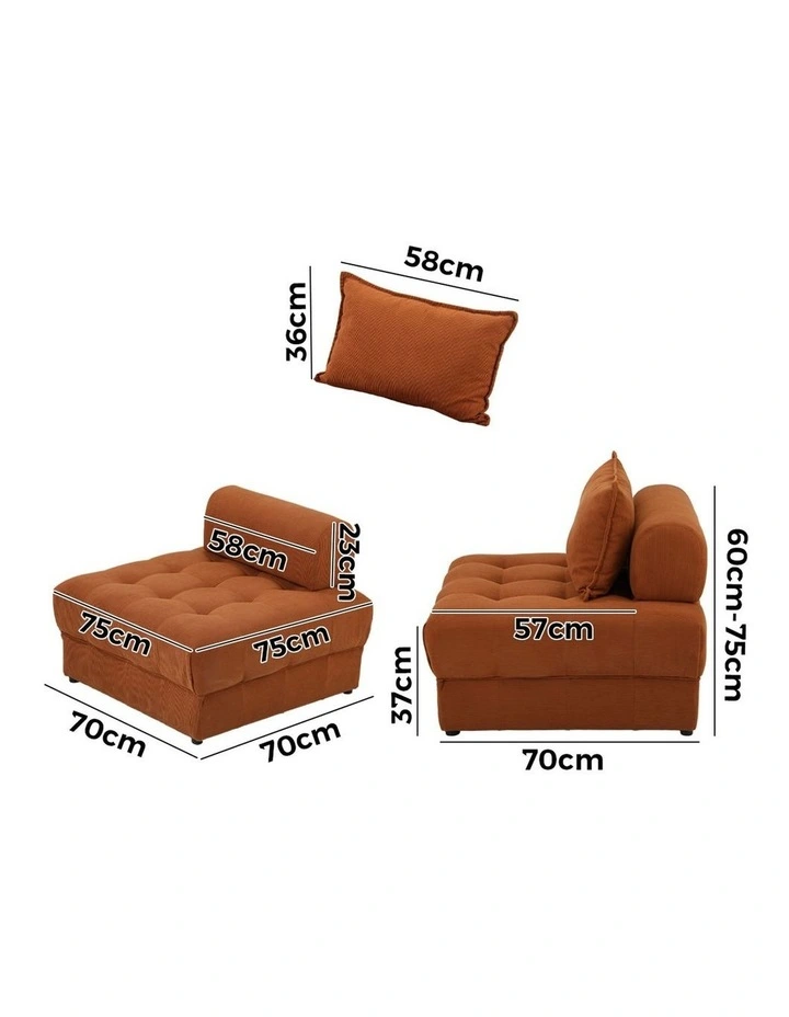Oikiture 1 Seater Velvet Modular Sofa Lounge Chair Armless TOFU Back Brown image 3