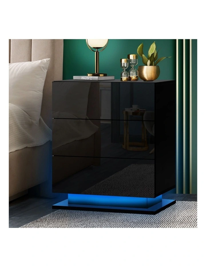 Oikiture Bedside Table RGB LED Nightstand 3 Drawers Black image 2