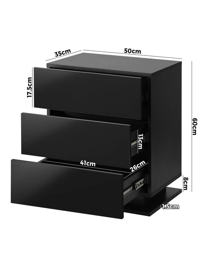 Oikiture Bedside Table RGB LED Nightstand 3 Drawers Black image 3