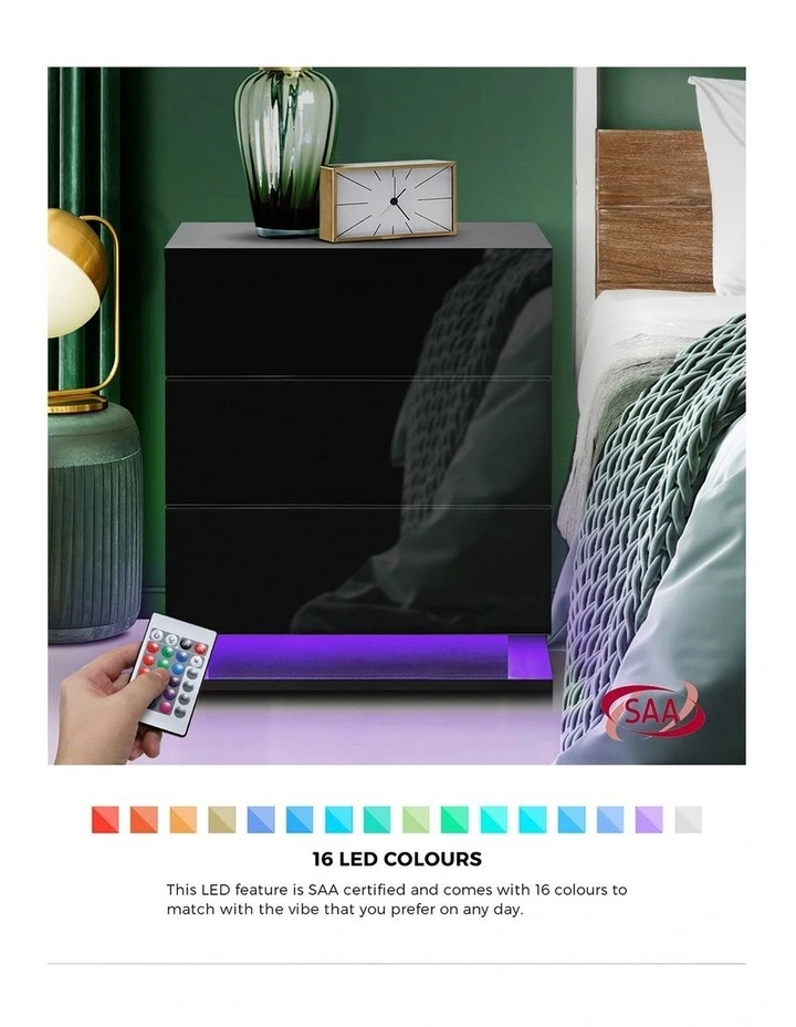 Oikiture Bedside Table RGB LED Nightstand 3 Drawers Black image 4