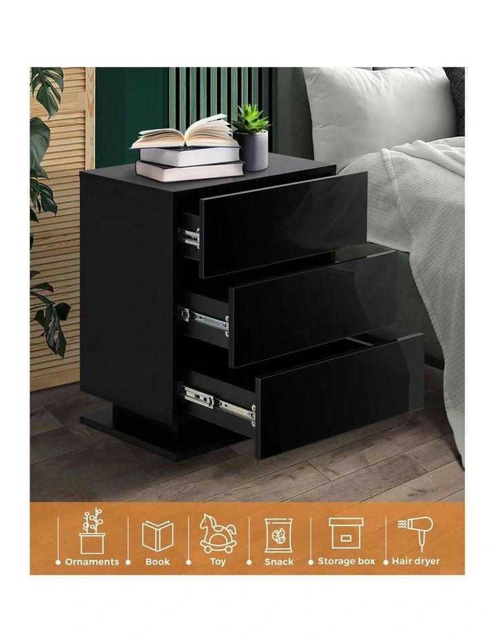 Oikiture Bedside Table RGB LED Nightstand 3 Drawers Black image 6