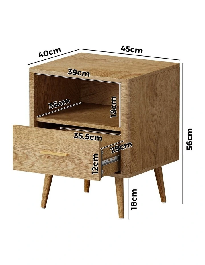 Oikiture Bedside Table Drawer Open Shelf Nightstand Natural image 3