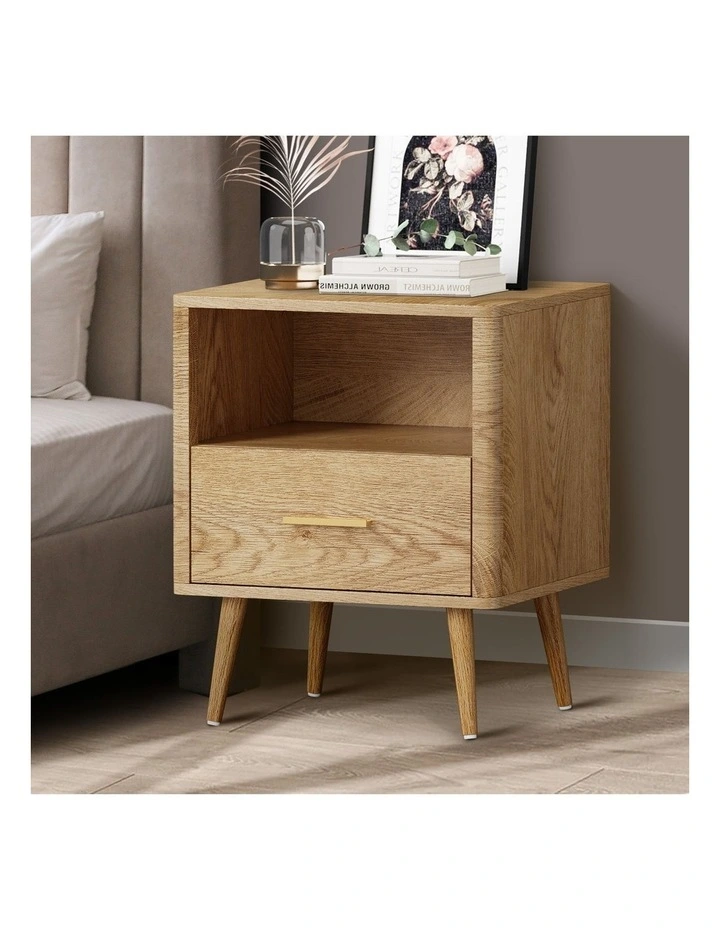 Oikiture Bedside Table Drawer Open Shelf Nightstand Natural image 4