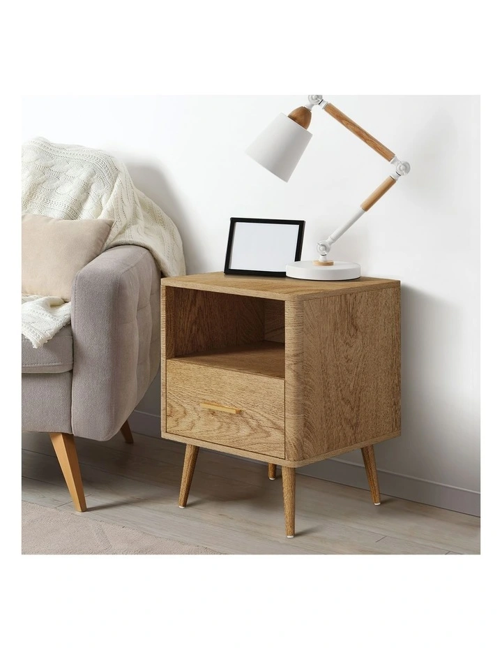 Oikiture Bedside Table Drawer Open Shelf Nightstand Natural image 5