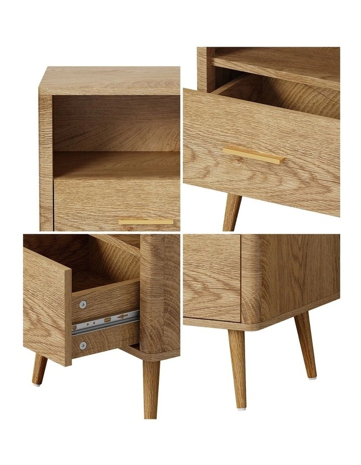 Oikiture Bedside Table Drawer Open Shelf Nightstand Natural image 6