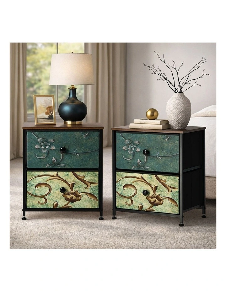 Oikiture 2pc Bedside Tables Fabric 2 Drawers Nightstand image 4