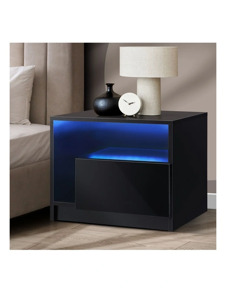 Oikiture Bedside Tables RGB LED High Gloss Nightstand Black image 4