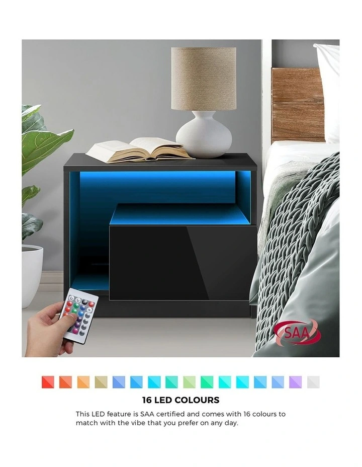 Oikiture Bedside Tables RGB LED High Gloss Nightstand Black image 5