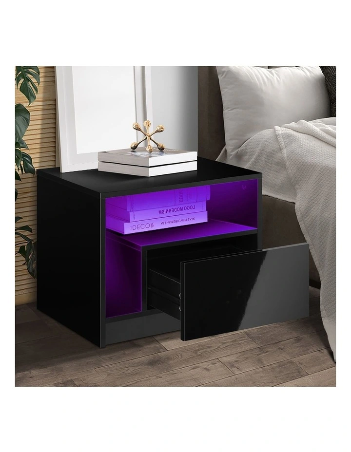 Oikiture Bedside Tables RGB LED High Gloss Nightstand Black image 7