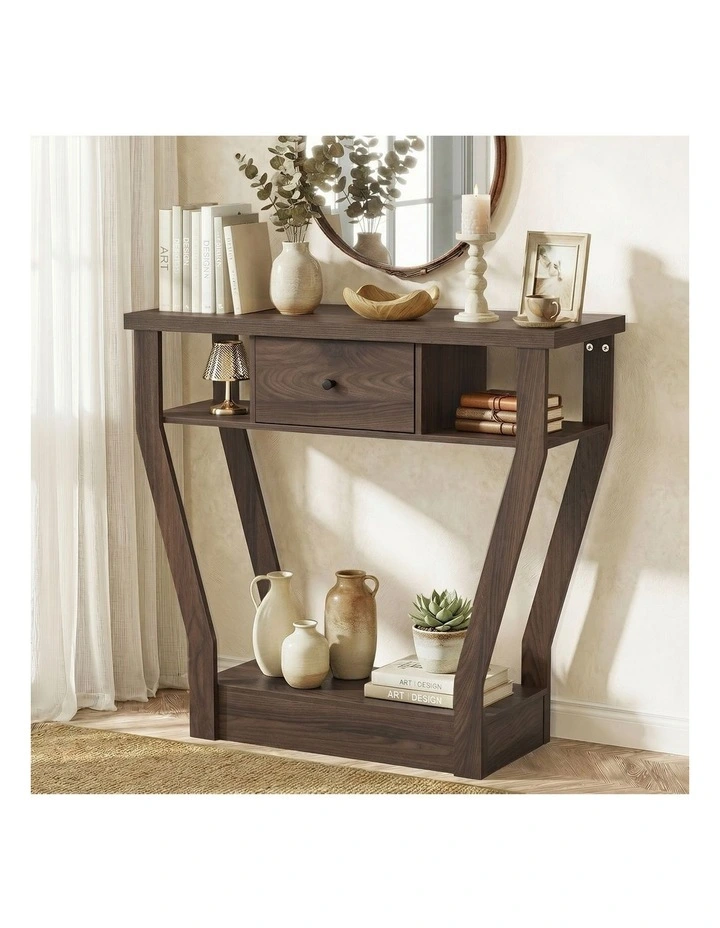 Oikiture Console Table 1 Drawer Hallway Entryway Storage Shelf Side Desk Walnut image 4