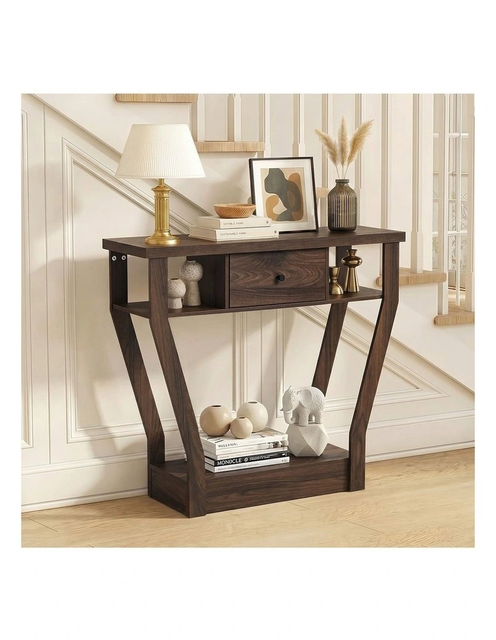 Oikiture Console Table 1 Drawer Hallway Entryway Storage Shelf Side Desk Walnut image 5