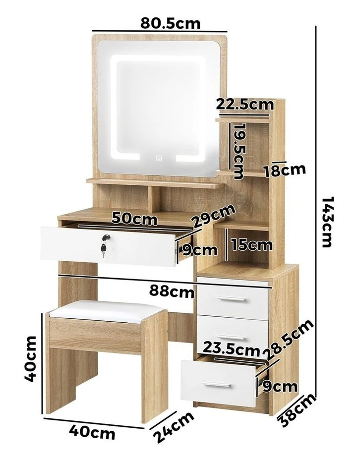 Oikiture Dressing Table Stool Set Makeup Mirror LED Light Cabinet Natural White image 3