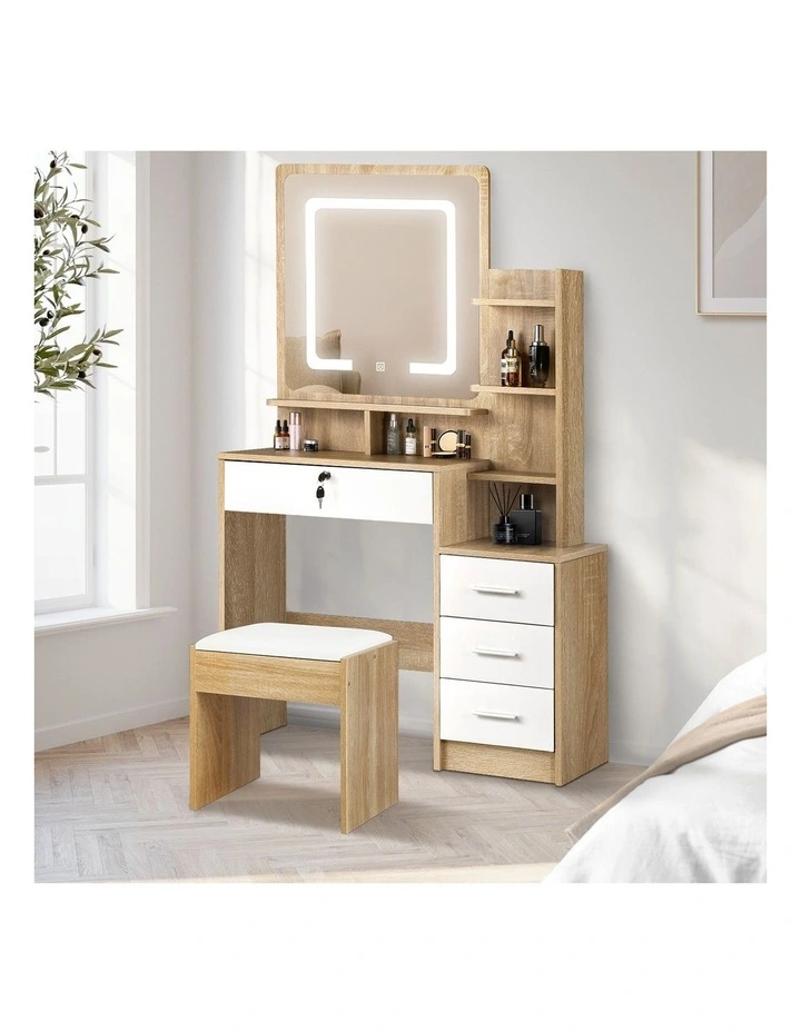 Oikiture Dressing Table Stool Set Makeup Mirror LED Light Cabinet Natural White image 4