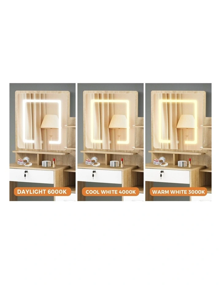 Oikiture Dressing Table Stool Set Makeup Mirror LED Light Cabinet Natural White image 6